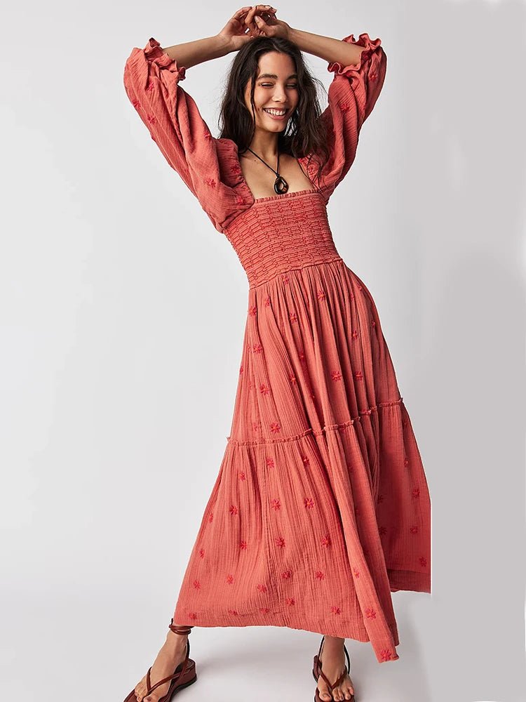 Floral Embroidered lantern sleeve Maxi Dress Nature Inspires Floral Embroidered lantern sleeve Maxi Dress Nature Inspires