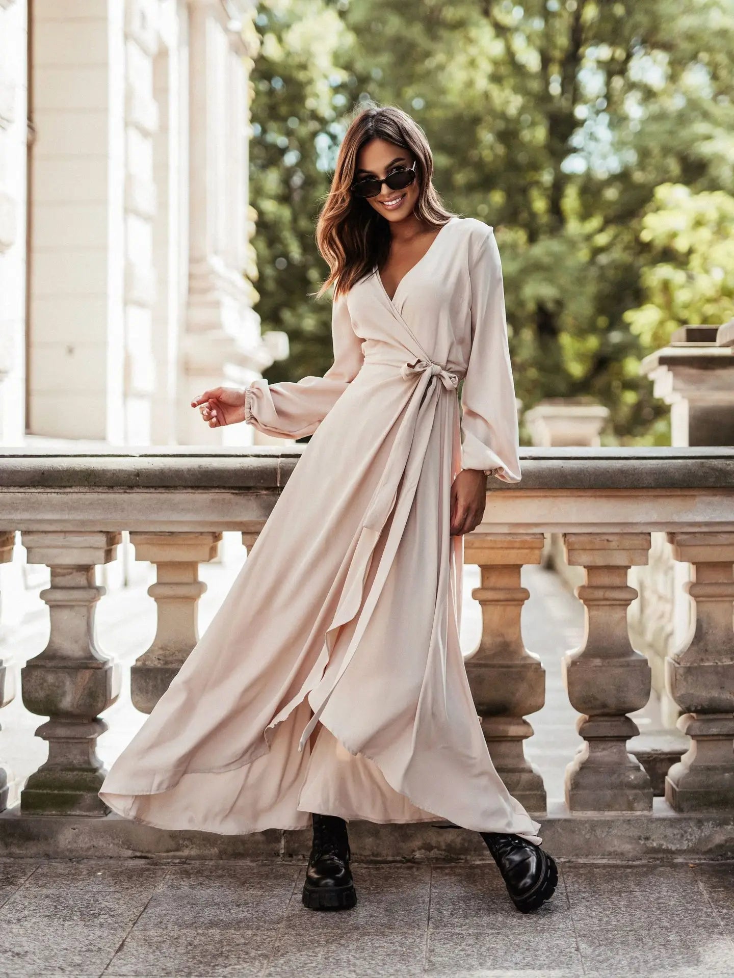 Elegant V - Neck Tie - Waist Maxi Dress - Nature Inspires