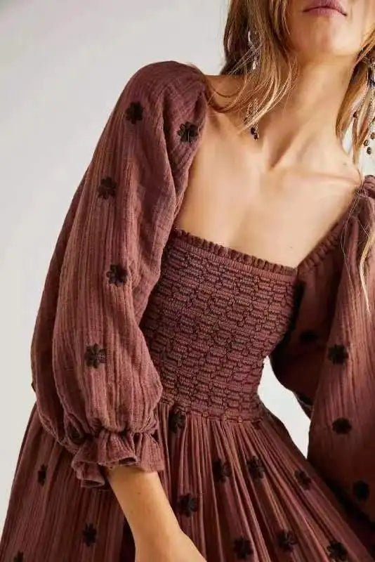 Floral Embroidered lantern sleeve Maxi Dress Nature Inspires Floral Embroidered lantern sleeve Maxi Dress Nature Inspires