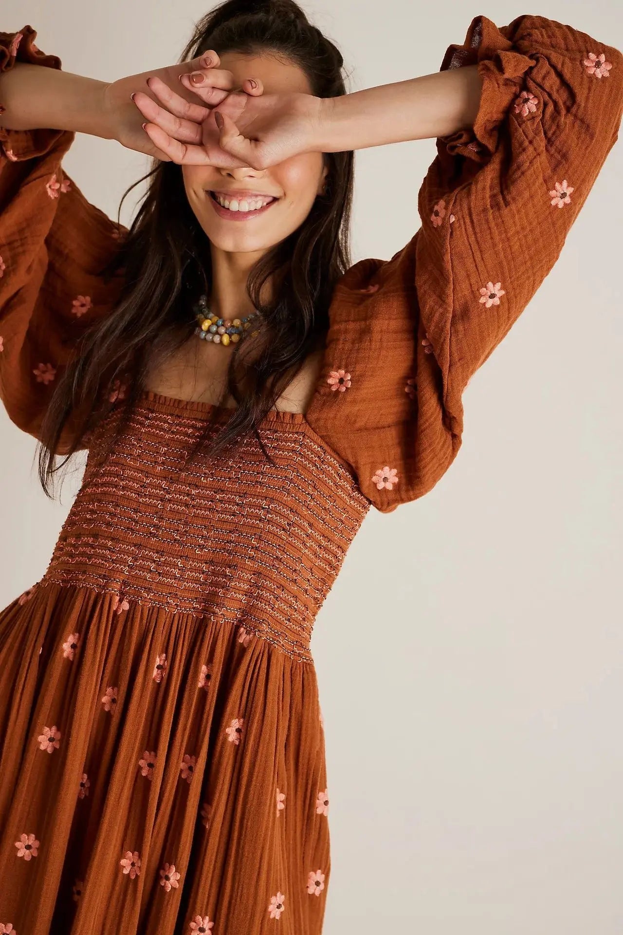 Floral Embroidered lantern sleeve Maxi Dress Nature Inspires Floral Embroidered lantern sleeve Maxi Dress Nature Inspires