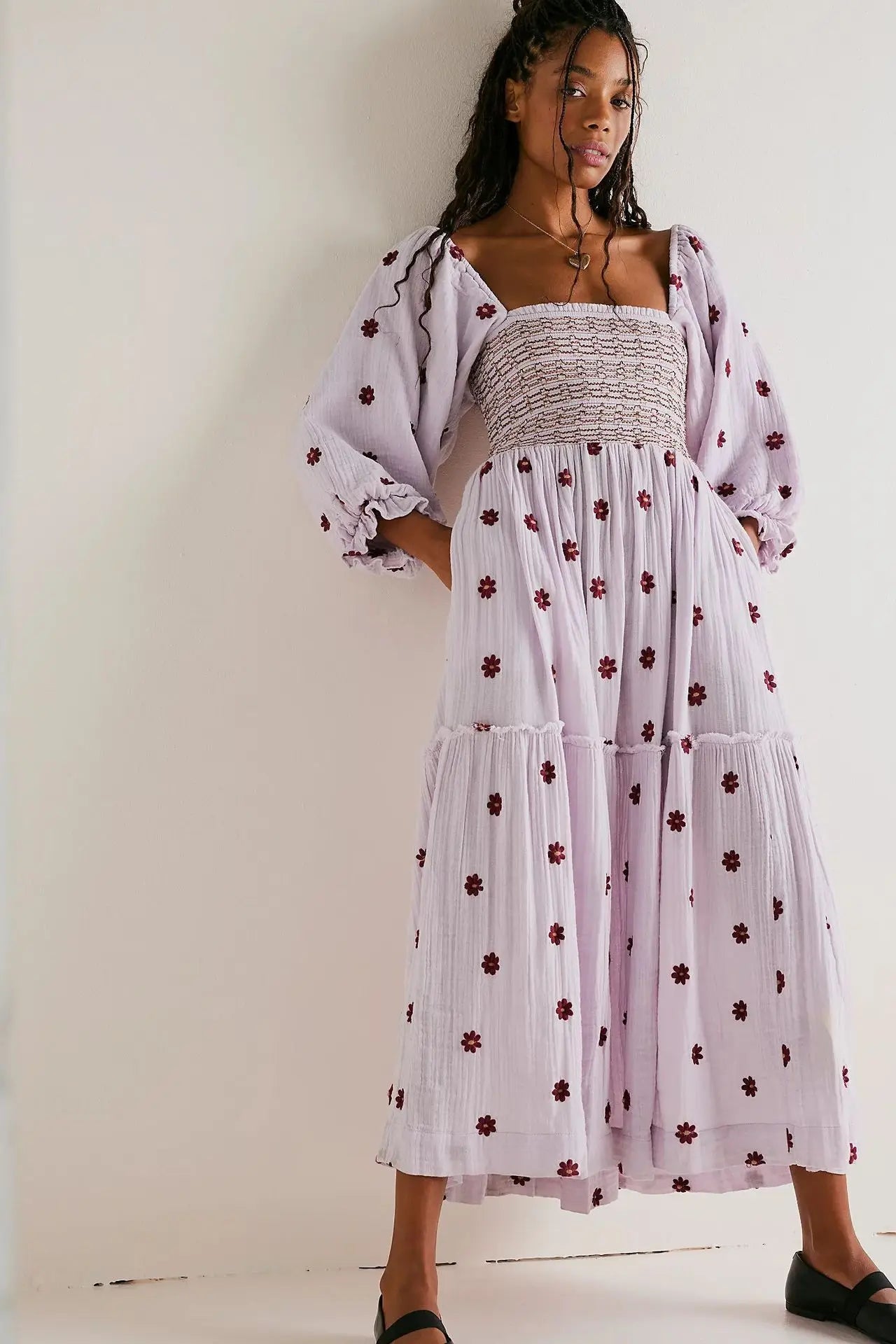Floral Embroidered lantern sleeve Maxi Dress Nature Inspires Floral Embroidered lantern sleeve Maxi Dress Nature Inspires