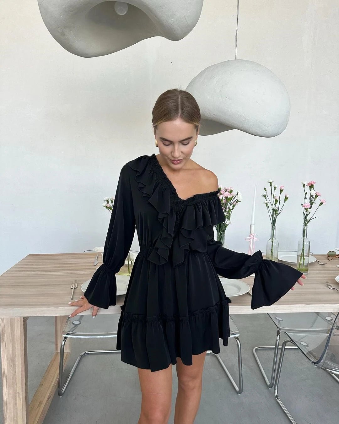 Ruffled V - Neck Mini Dress - Nature Inspires