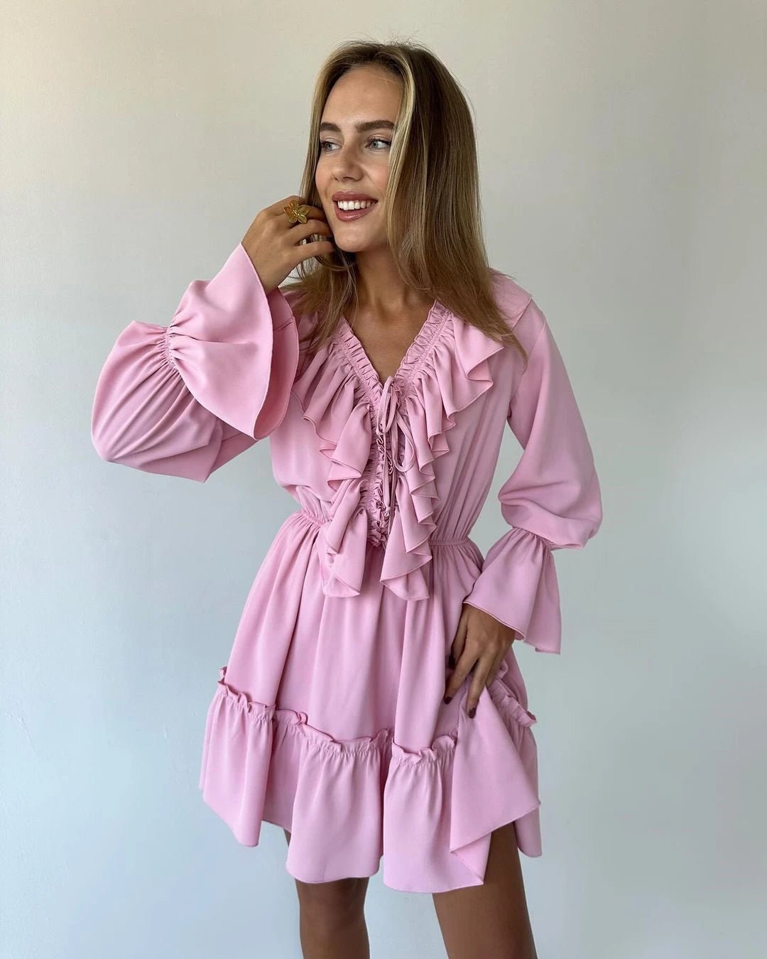Ruffled V - Neck Mini Dress - Nature Inspires