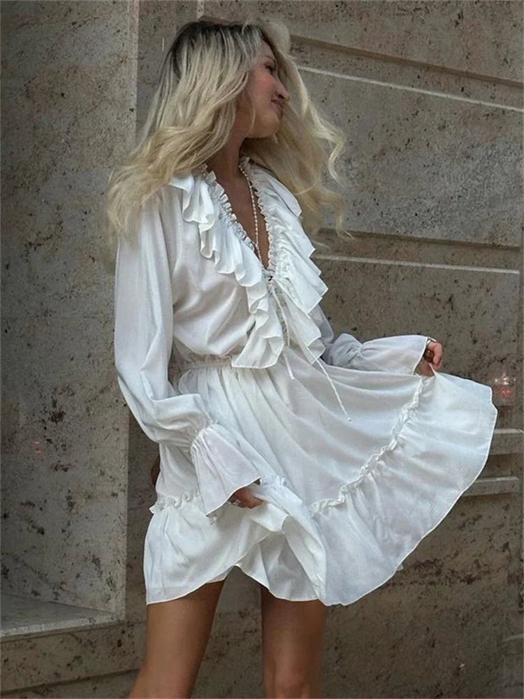 Ruffled V - Neck Mini Dress - Nature Inspires
