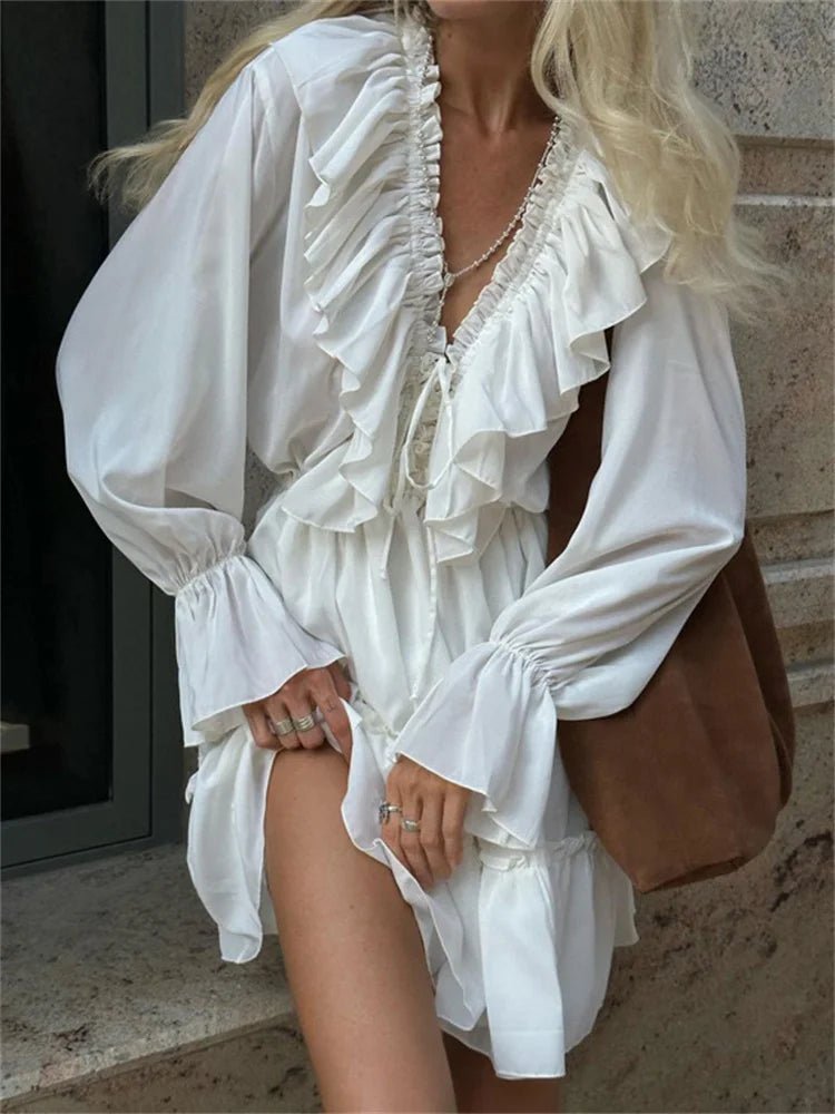 Ruffled V - Neck Mini Dress - Nature Inspires
