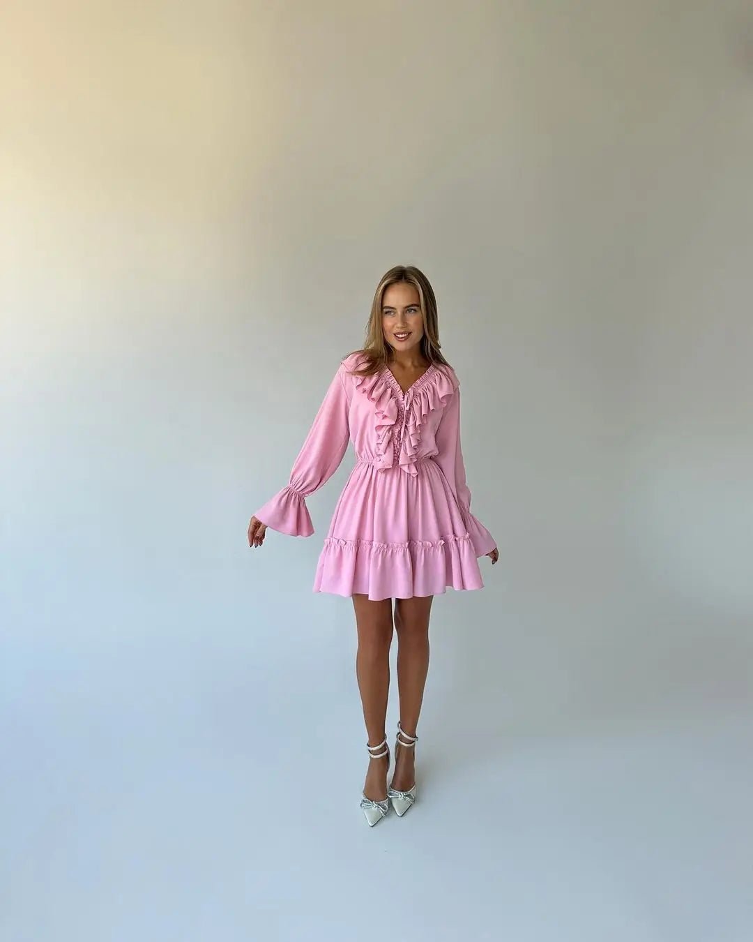Ruffled V - Neck Mini Dress - Nature Inspires