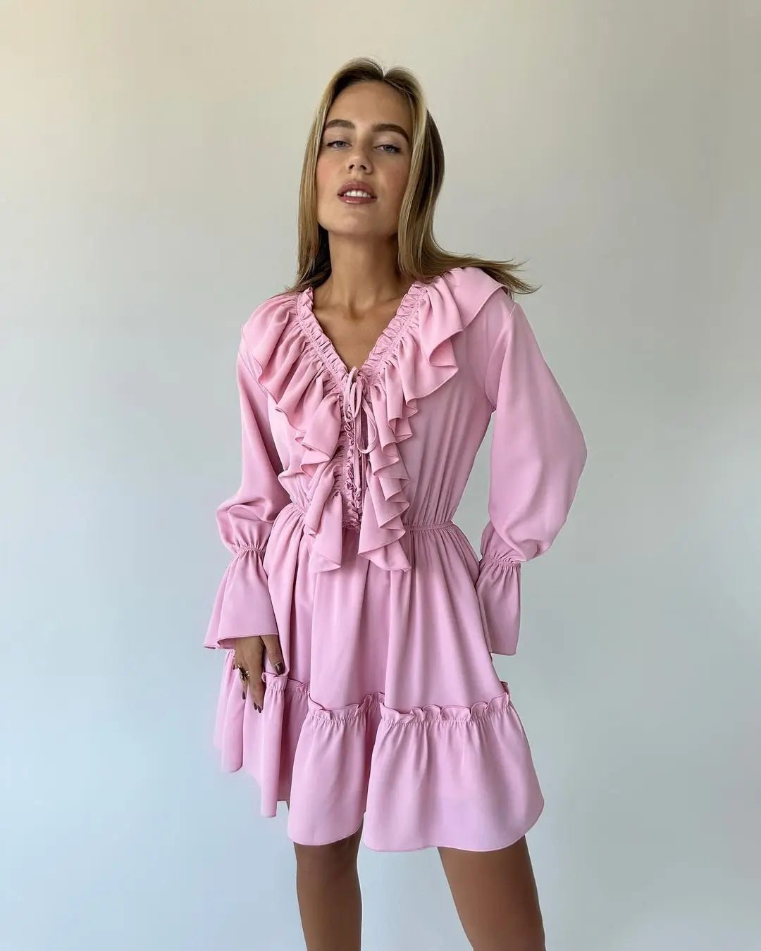 Ruffled V - Neck Mini Dress - Nature Inspires