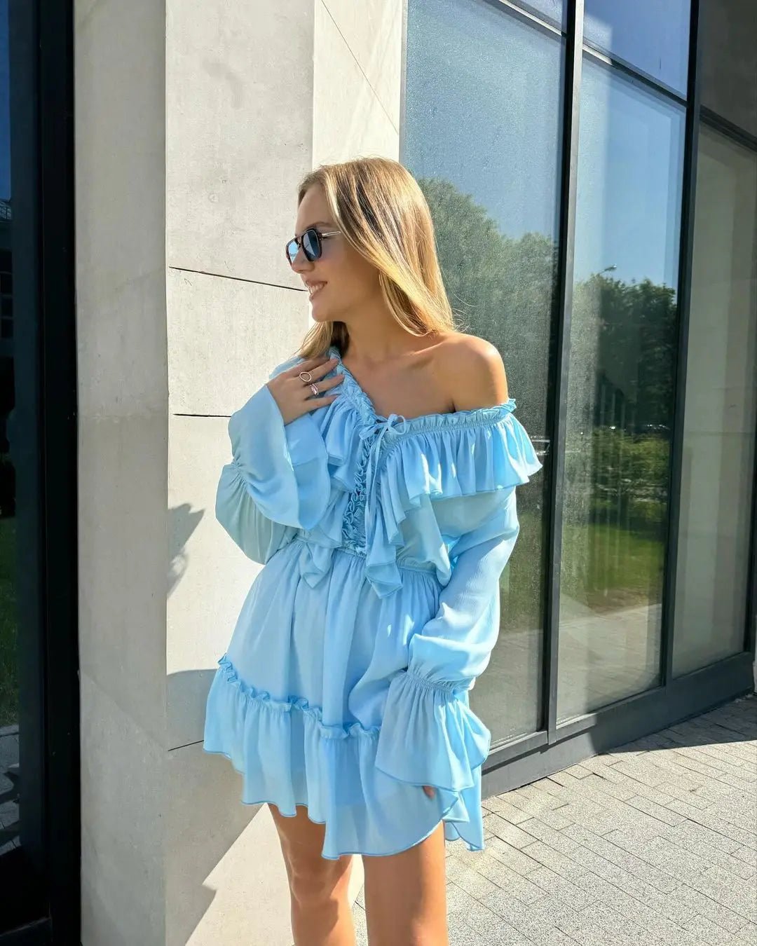 Ruffled V - Neck Mini Dress - Nature Inspires