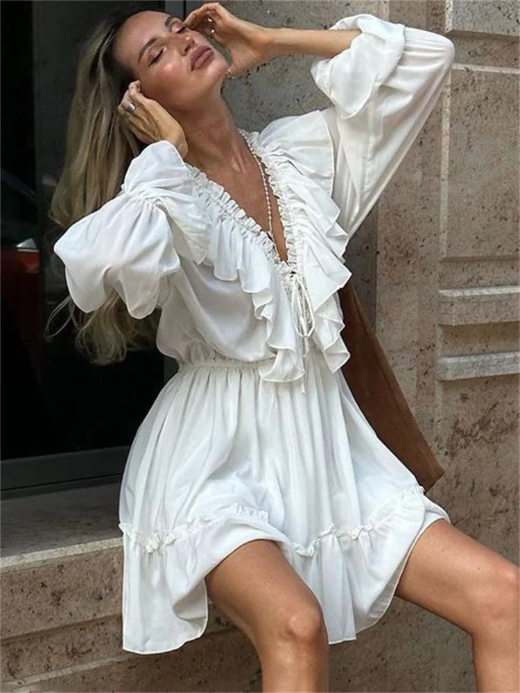 Ruffled V - Neck Mini Dress - Nature Inspires