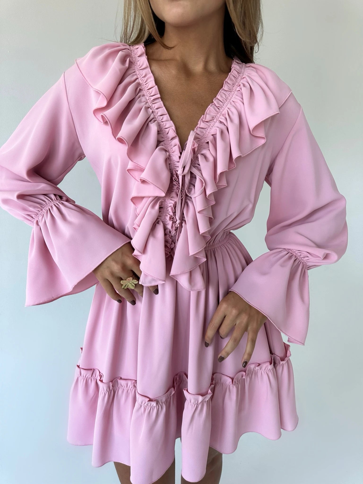 Ruffled V - Neck Mini Dress - Nature Inspires