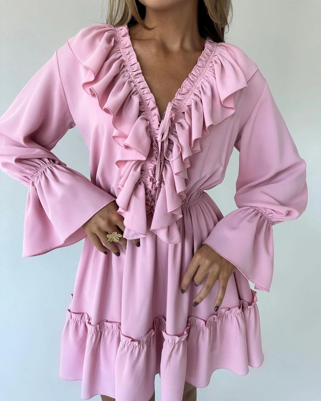 Ruffled V - Neck Mini Dress - Nature Inspires