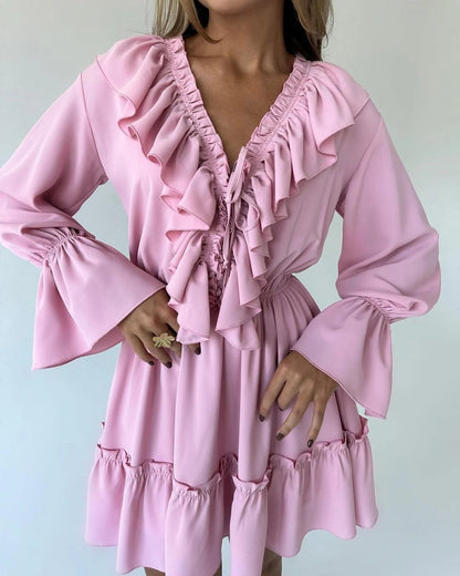 Ruffled V - Neck Mini Dress - Nature Inspires