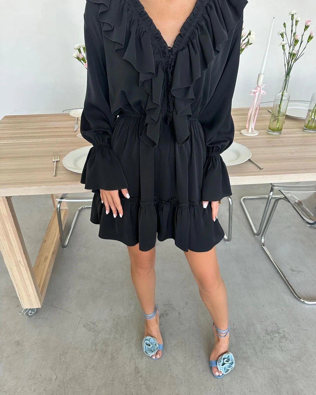 Ruffled V - Neck Mini Dress - Nature Inspires