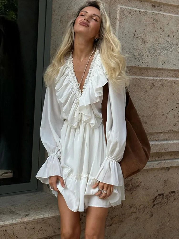 Ruffled V - Neck Mini Dress - Nature Inspires