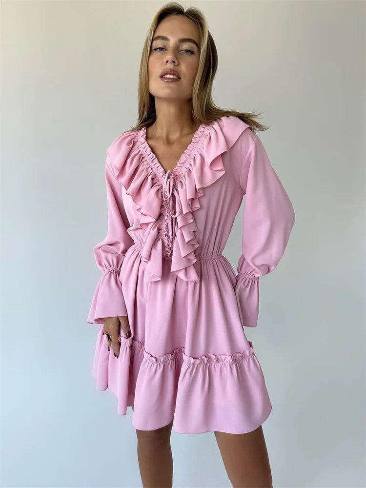 Ruffled V - Neck Mini Dress - Nature Inspires