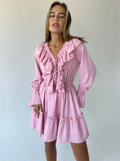 Ruffled V - Neck Mini Dress - Nature Inspires