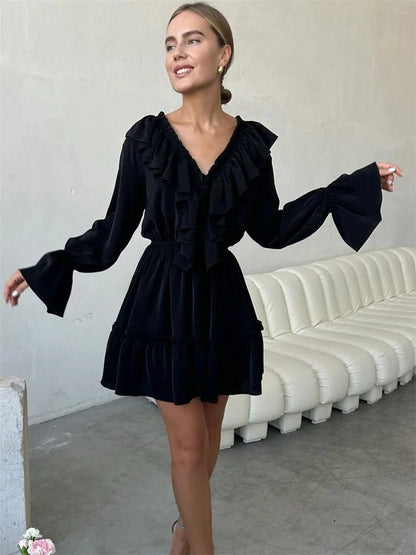 Ruffled V - Neck Mini Dress - Nature Inspires