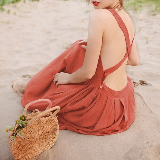 Midi Backless Linen Dress - Naturenspires